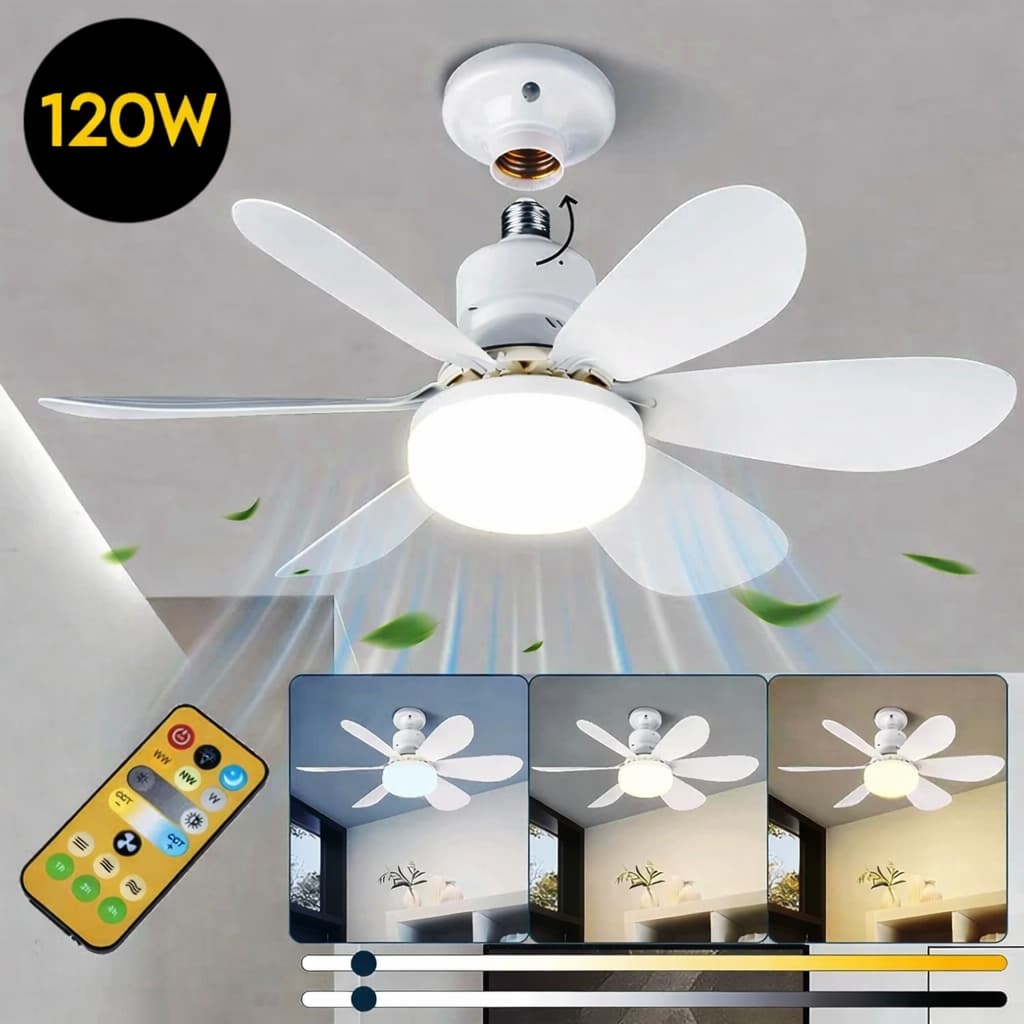 Ventilador de Teto 120W Lâmpada 3 Cores E27 Silencioso Bivolt 2 em 1 Controle Remoto PREMIUM