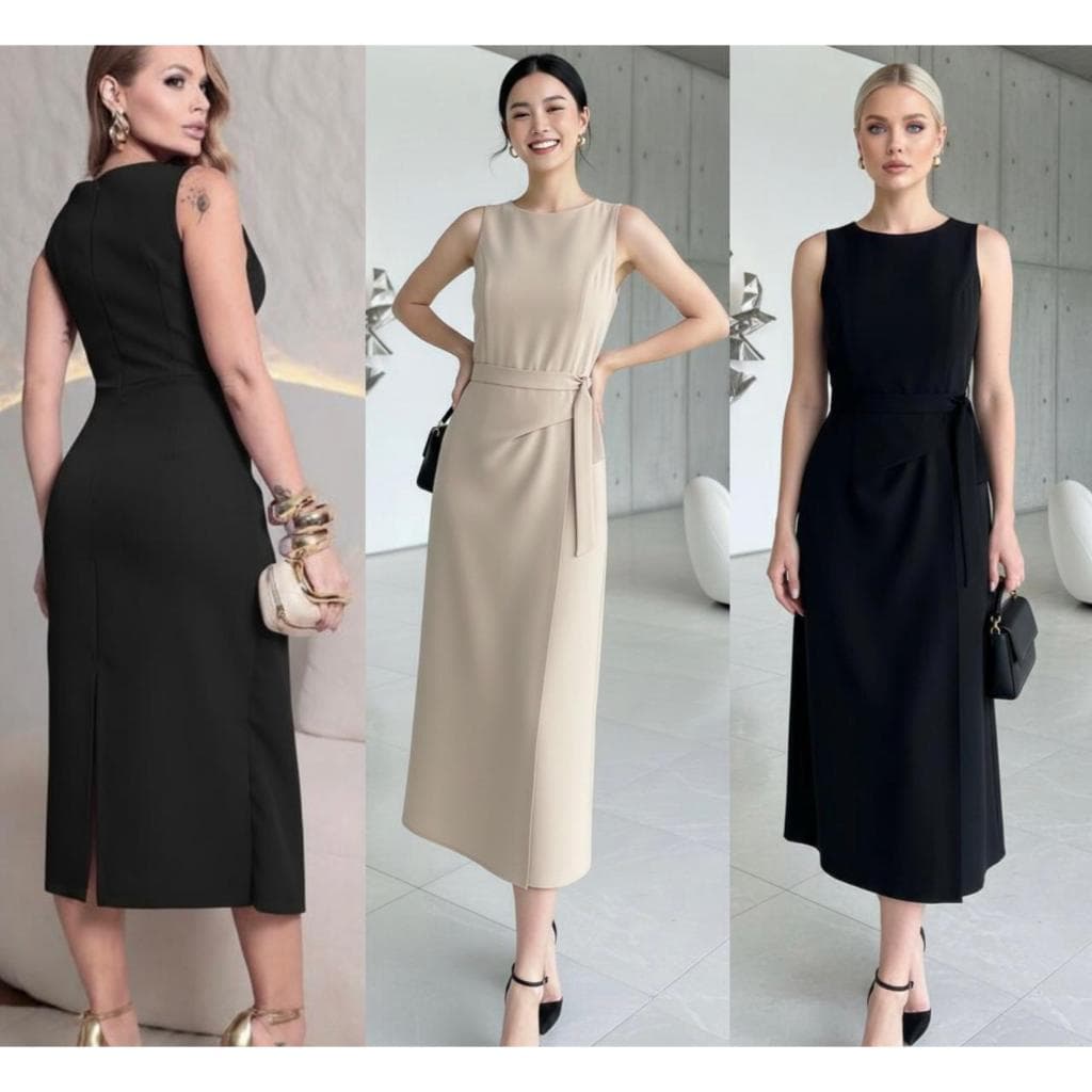 Vestido Feminino Alfaiataria Midi com Amarração Lateral Elegante M G