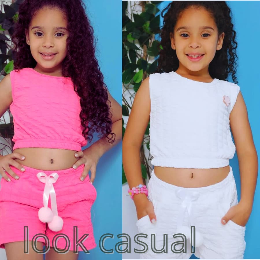 Conjunto REGATA Verão Infantil Menina Pom Pom | Cropped e Short Estiloso | Cores Diversas | 2 a 12 Estilos Casual