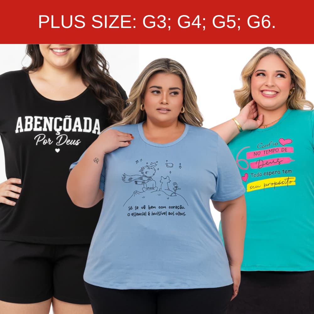 Kit 4 Camiseta Blusa  Feminina Plus Size  De Malha Suede T-Shirt  Desenhos e Frases