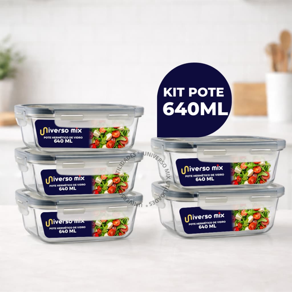 Kit 5 ou 10 Potes Vidro Hermético 640ml Retangular 4 Travas Marmita Premium