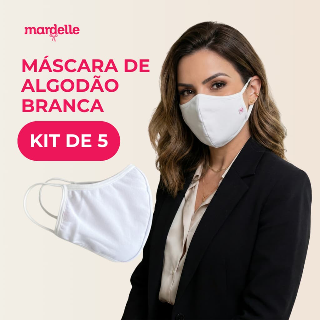 Kit 5 Máscaras De Proteção Lavável Branca Em Algodão Tecido Duplo Reutilizável