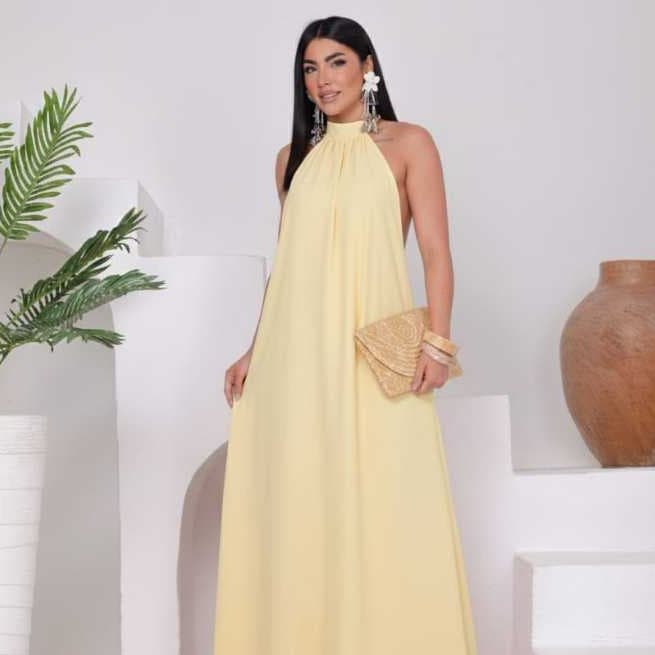 Vestido Feminino Longo Gola Alta -  Vestido com Costas Nua Tecido Duna (M,G)