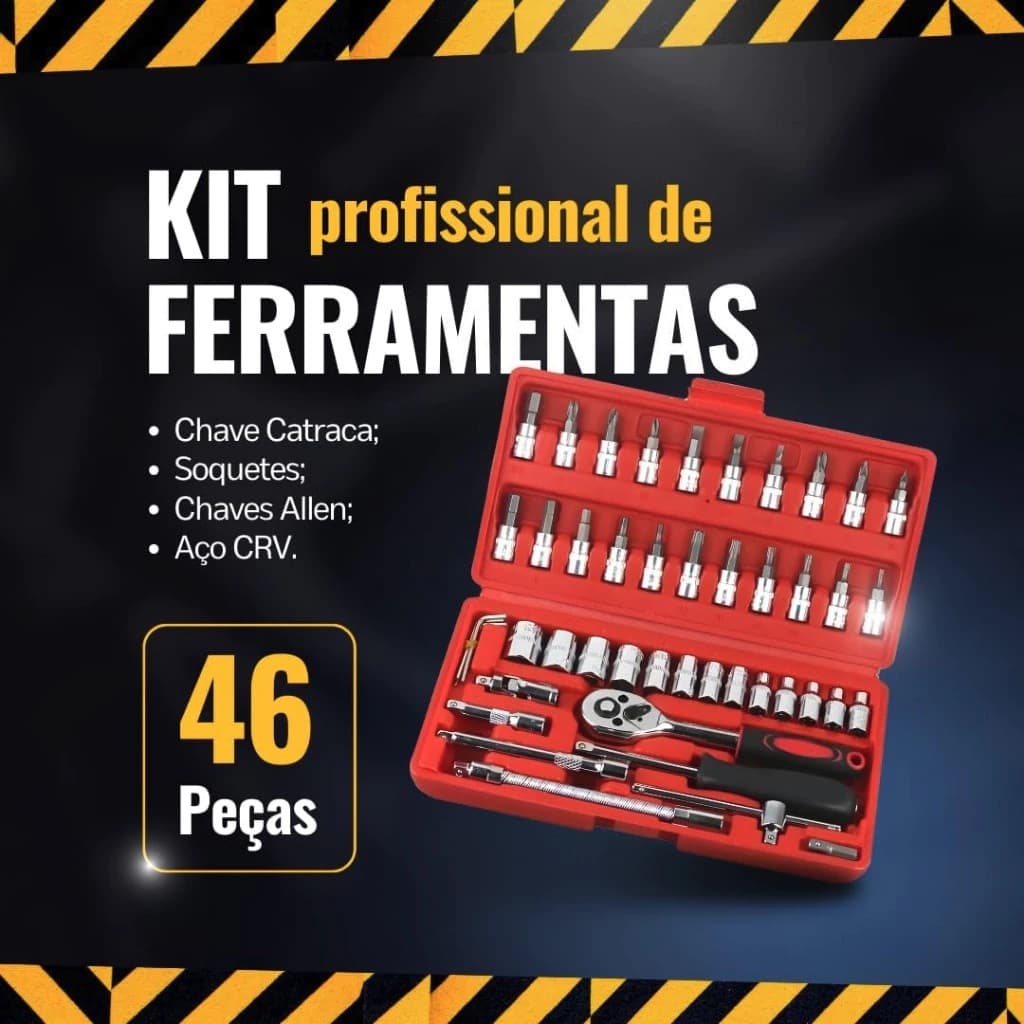 Kit De Ferramentas 46 Peças Jogo De Soquetes Chave Catraca Reversível Com Maleta Jogo De Ferramentas Completo