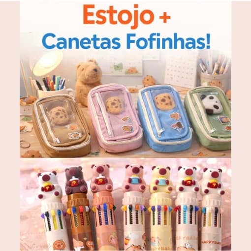 Kit Estojo + caneta capivara 10 cores estojo impermeável estilo coreano com 2 adesivos 1 Broche kawaii