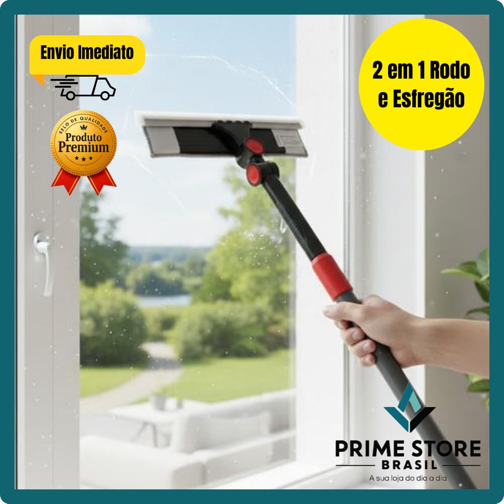 Limpa Vidros 2 Em 1 Com Rodo E Esfregão Microfibra Cabo Extensível 150cm Giro 360°