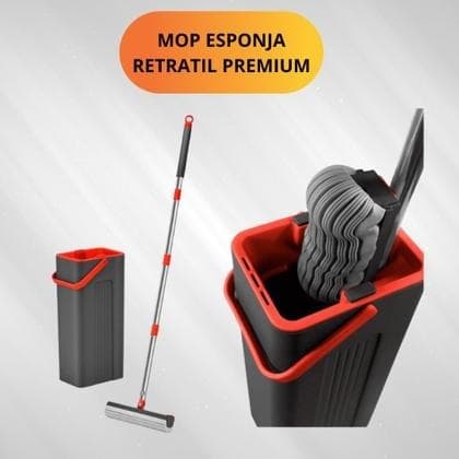 Mop Esponja PVA Com Balde Rodo Mágico Cabo Inox 125cm Limpeza Prática Pisos Box