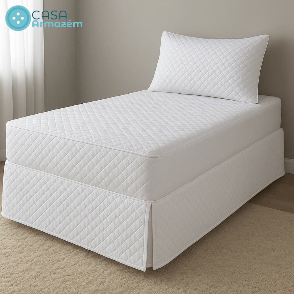Kit Protetor Impermeável Conjunto Solteiro + Saia Box Porta Travesseiro Decorativa 3 Peças Matelado