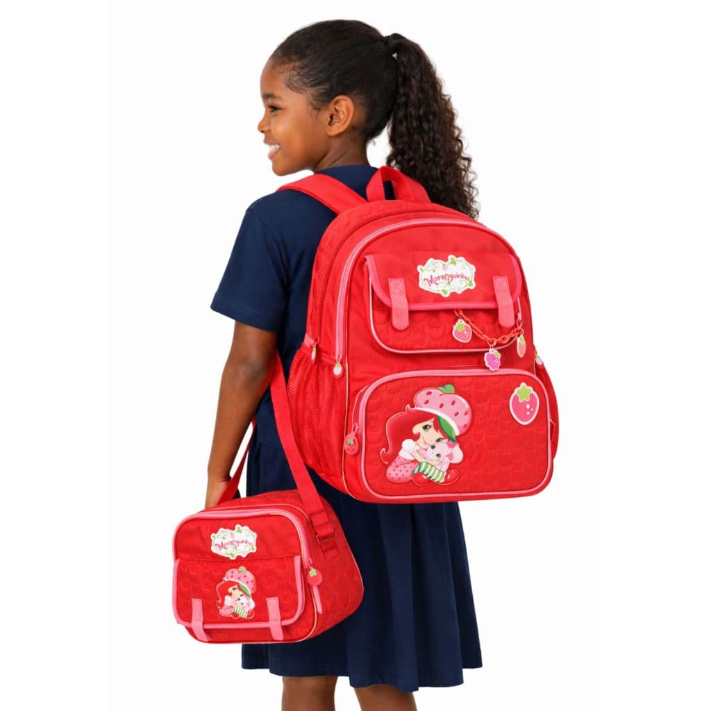 MOCHILA DE COSTAS MORANGUINHO ESCOLAR CASUAL MENINAS COM LANCHEIRA TÉRMICA TRANSVERSAL