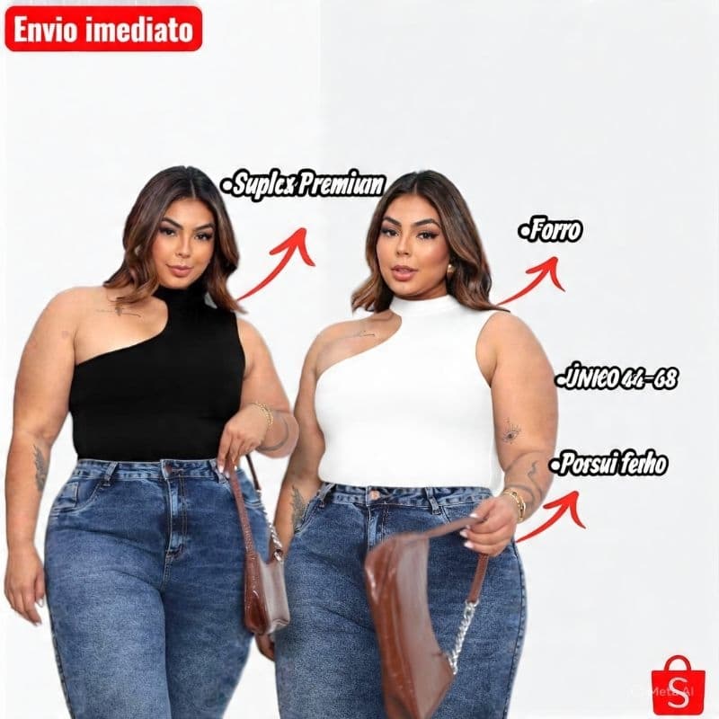 Body Plus Size 42-48 Suplex Premium, Forro, Fecho, Gola Assimétrica, Moda Feminina 2026, Estilo Poder Elegância Atitude,