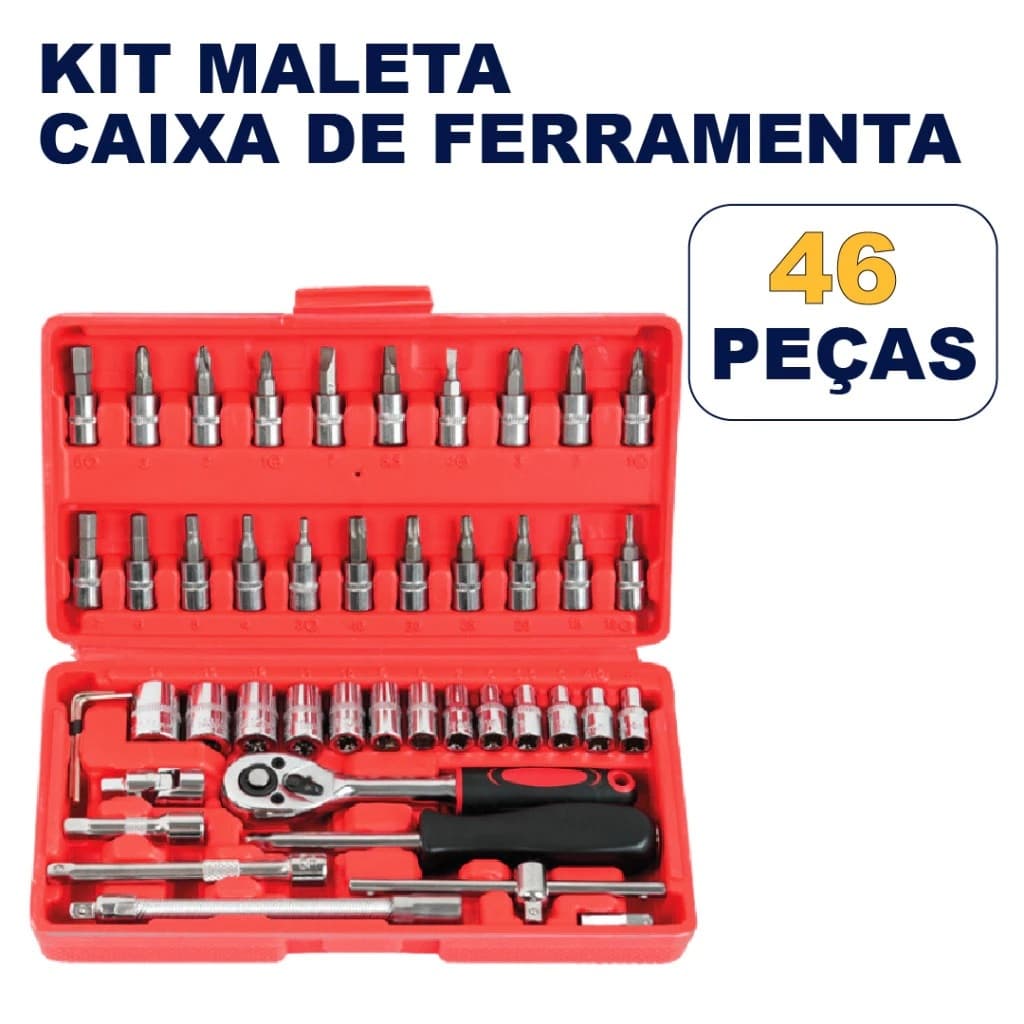 46 Peças Maleta Completa Linha Premium Kit Chaves Jogo Catraca Reversível Com Soquetes