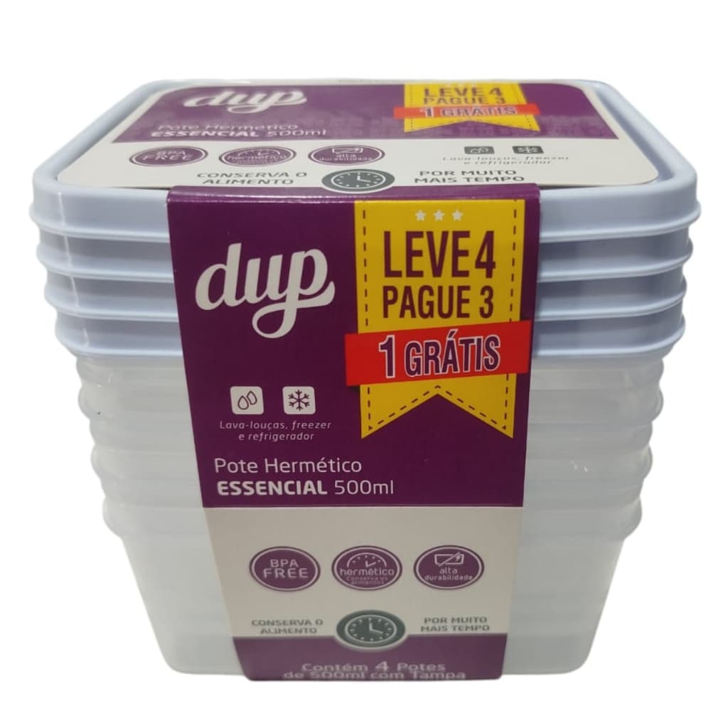 Kit 4 Potes Cristal Herméticos DUP Essencial 500ml Plástico Livre de BPA Freezer Micro-ondas