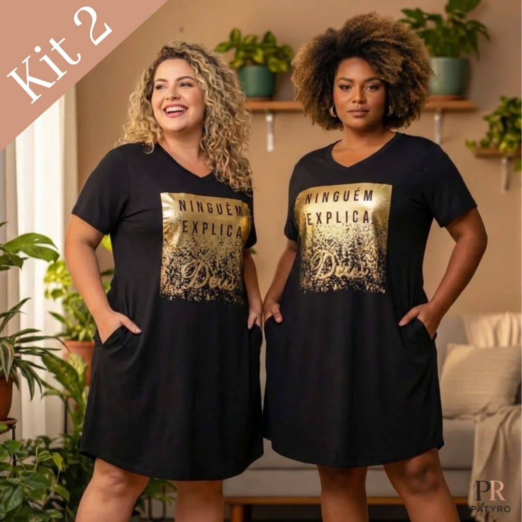 Kit 2 Vestidos Plus Size Feminino Viscose Elastano Bolsos Ninguém Explica Deus