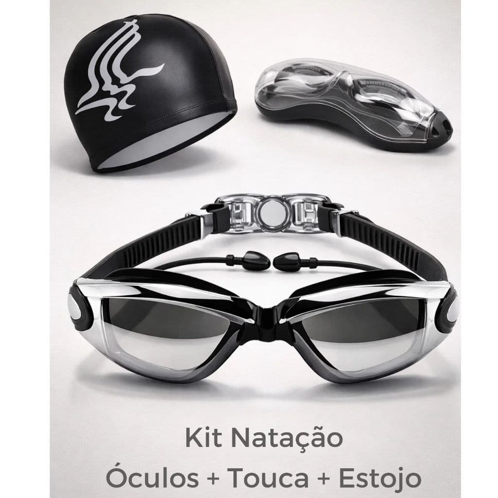 Kit Natação Adulto Unissex Óculos Antiembaçante Proteção UV +  Touca + Estojo