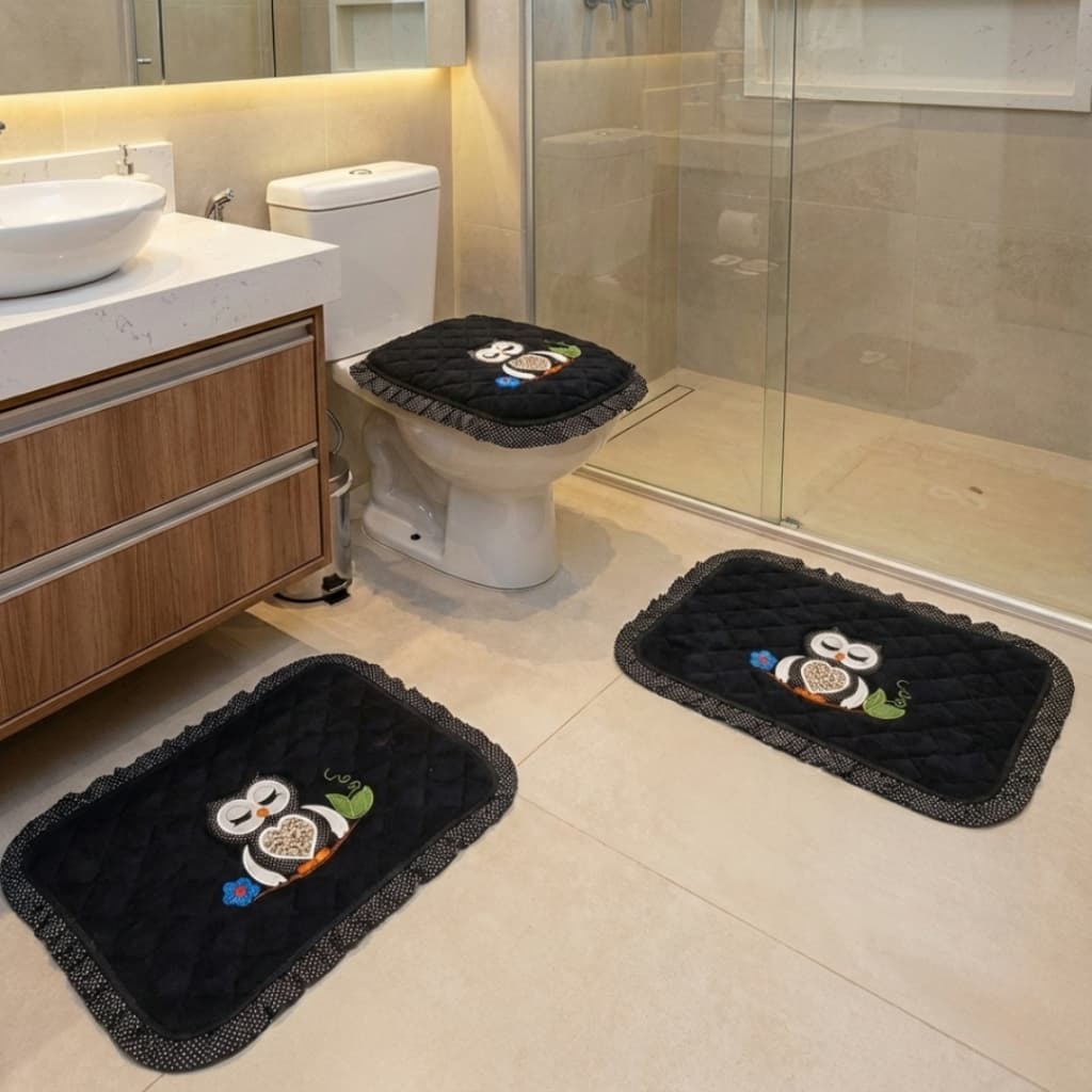 Tapete de Banheiro Felpudo Bordado Kit 3Pçs Super luxo