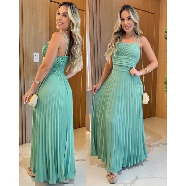 Vestido Longo Plissado Elegante Feminino Alça Fina