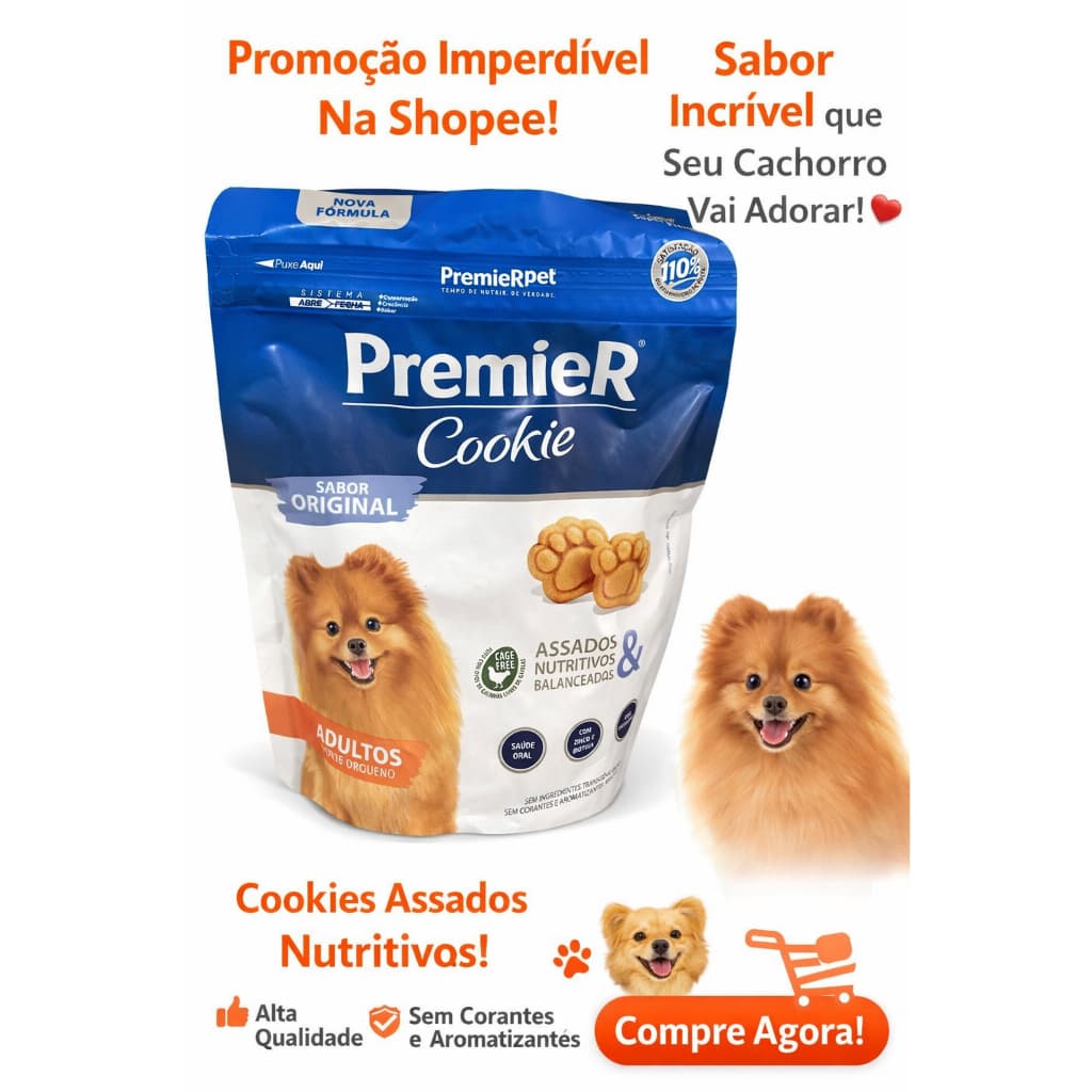Biscoito Premier Cookie Cães Adultos Porte Pequeno Nutritivo Assado Sabor Original 250 gramas