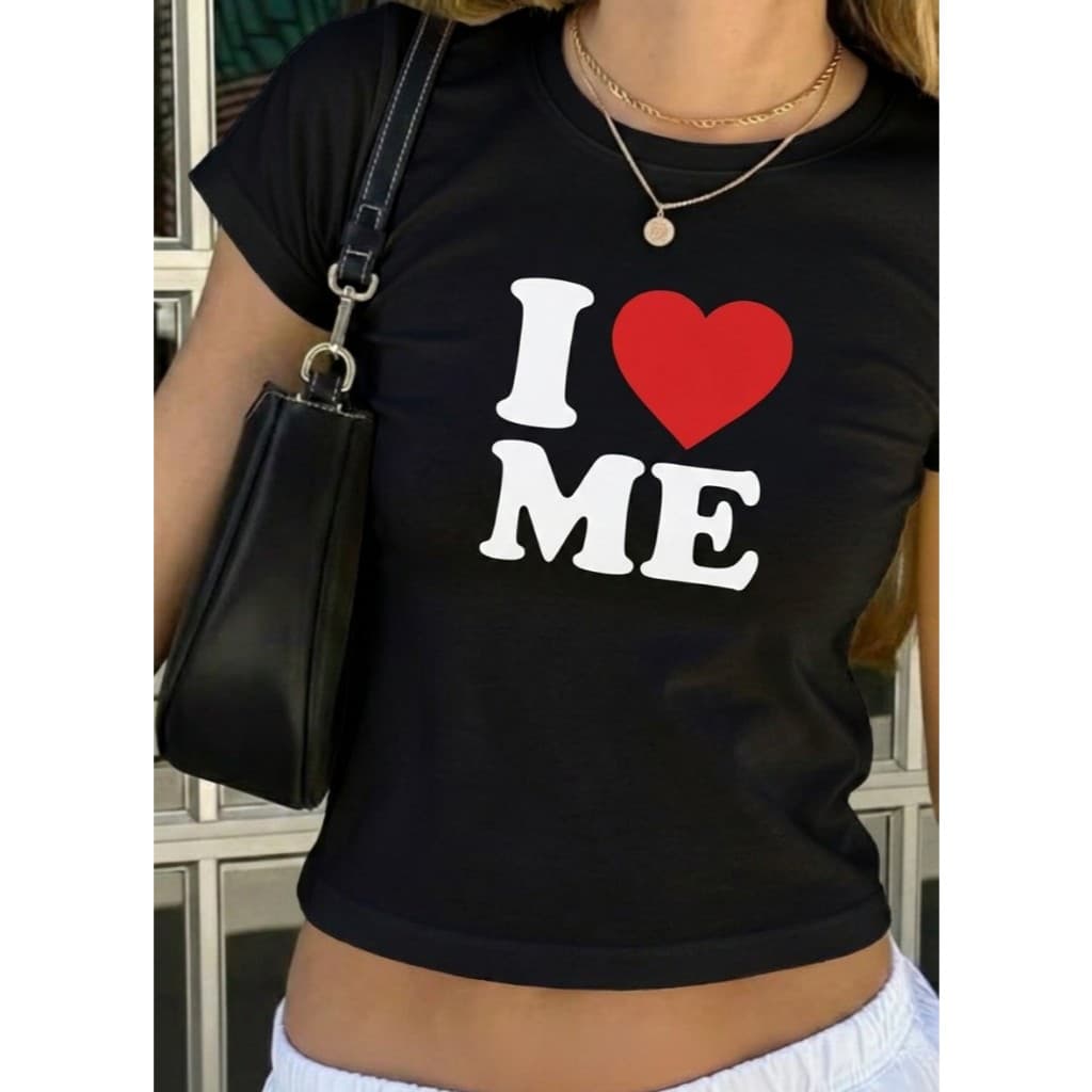 Camiseta Baby Tee Y2K Estampa I Love Me Algodão Justinha