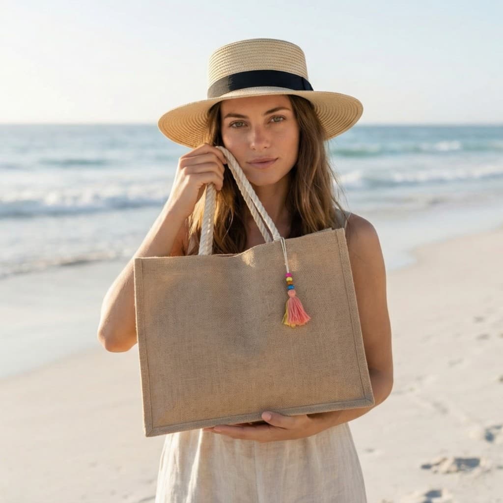 Kit Chapéu De Praia Paris Feminino Aba Média De Palha Com Fita Preta E Bolsa Palha Alça de Corda