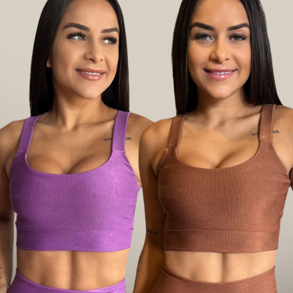 Kit com 2 Top Canelado de Academia Reforçado Sustentação Roupa Fitness Feminina Malhar Topper Feminino Corrida Ginástica