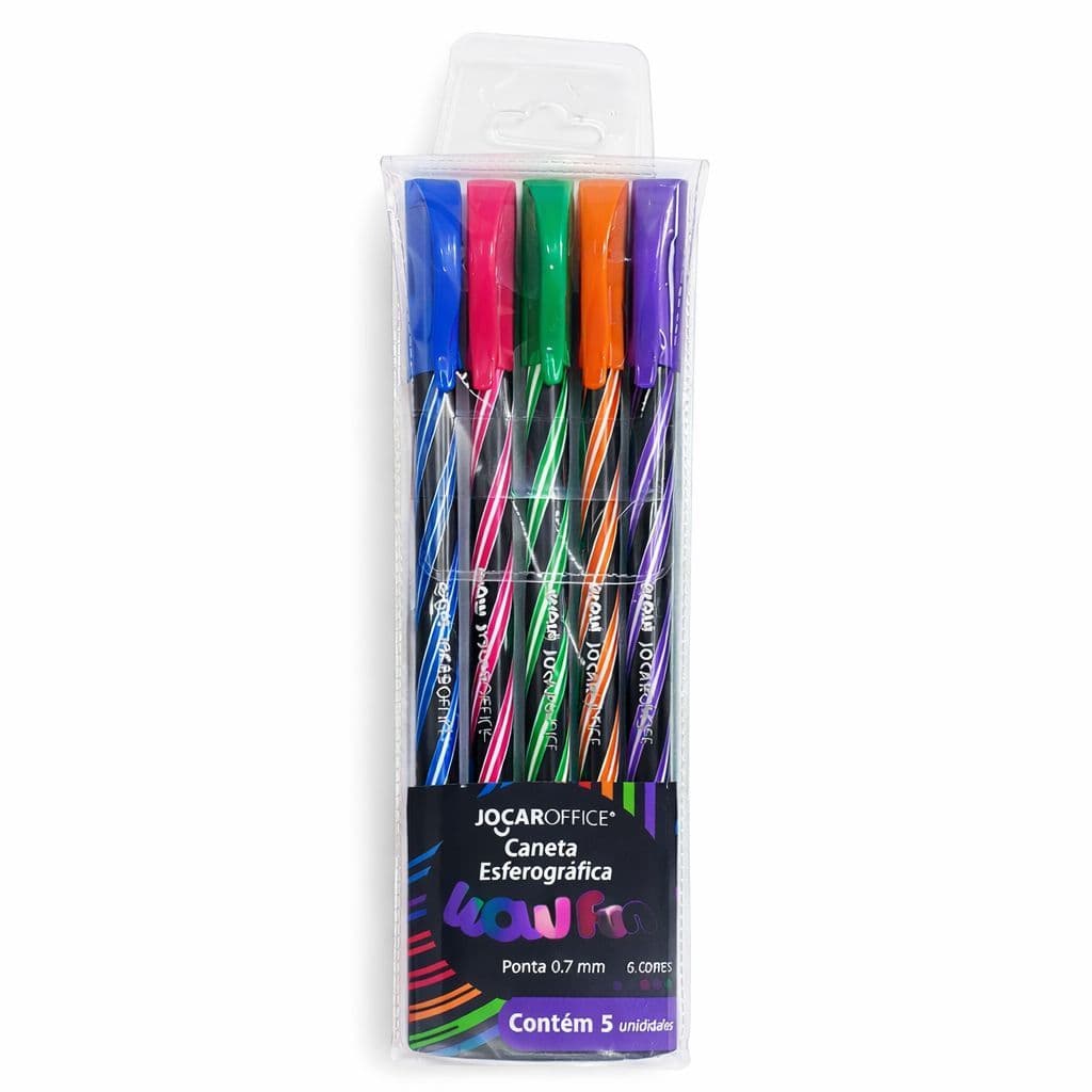 Caneta Esferográfica Colorida 0.7mm Kit C/5 Cores Jocar Office Escrita Suave Escolar Escritório