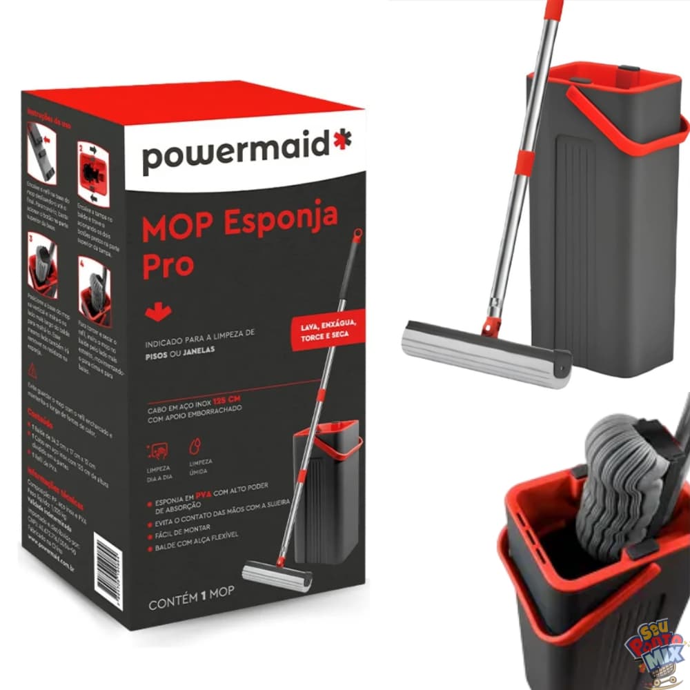 Mop Esponja PVA com Balde Compacto e Cabo Aço Inox 125cm – Limpeza Prática e Alta Absorção