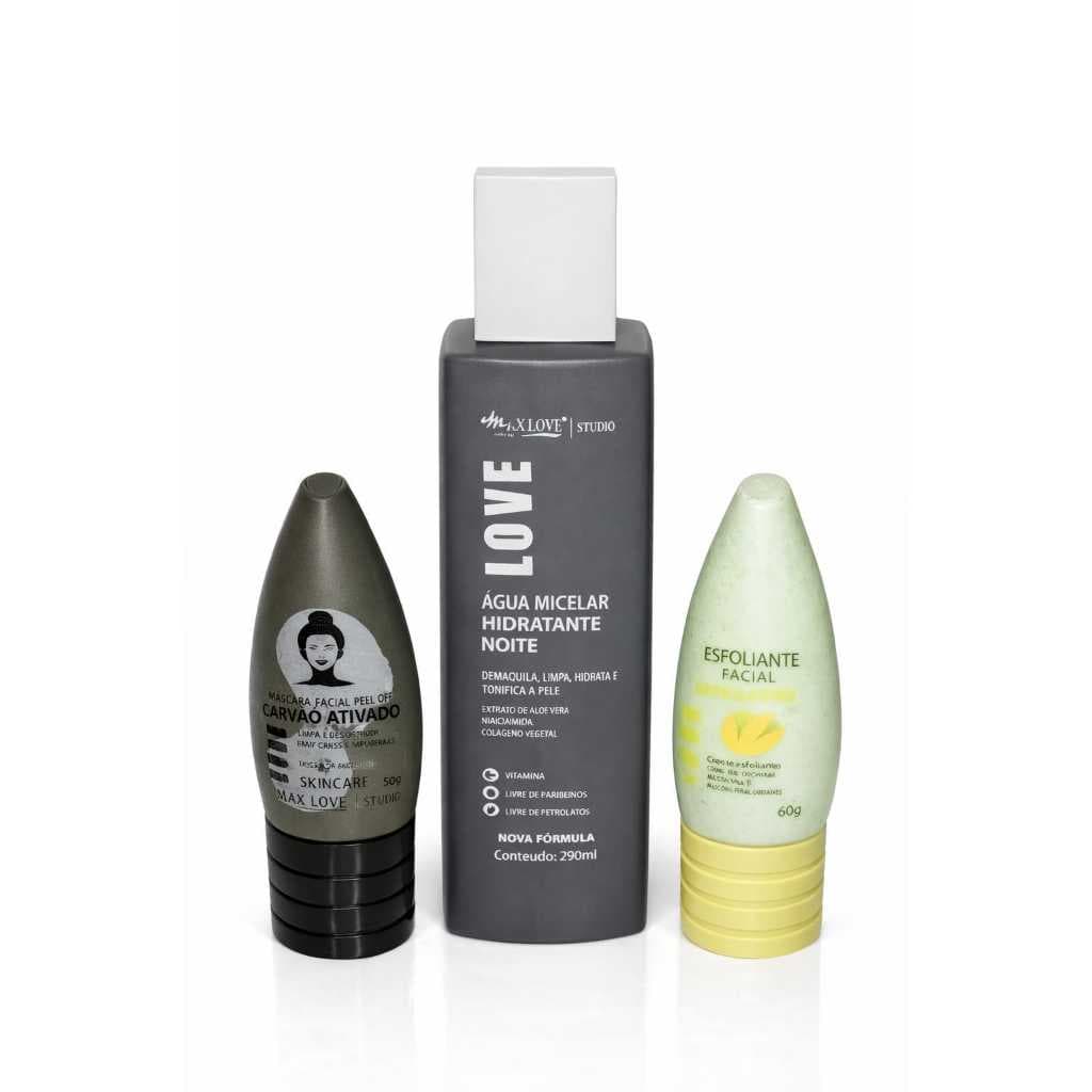 Kit Limpeza De Pele  Max Love–Água Micelar Noite+Máscara Facial Carvão+Esfoliante Facial De Pistache