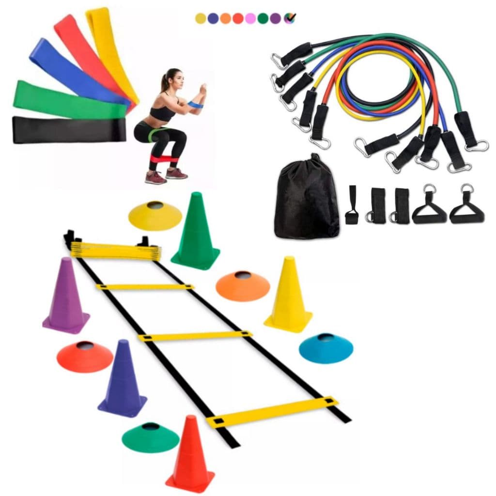 Kit Fisioterapia Completo 1 Escada 5 Chapéus 5 Cones 5 Mini Bands + Kit Elastico 11 Peças