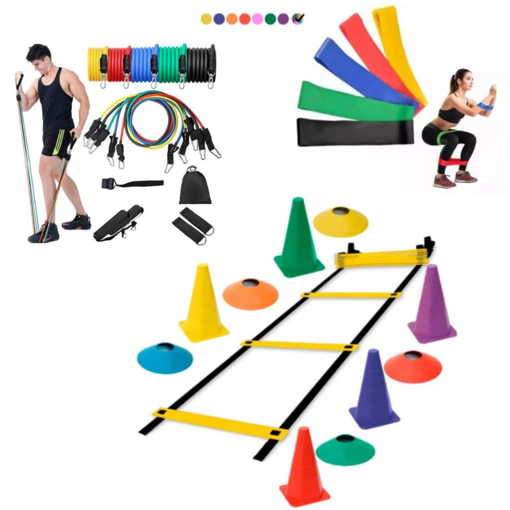 Kit Treinamento Agilidade 5 Pratos 5 Cones 1 Escada 7 Degraus 5 Mini Bands  Kit Elastico 11 Peças