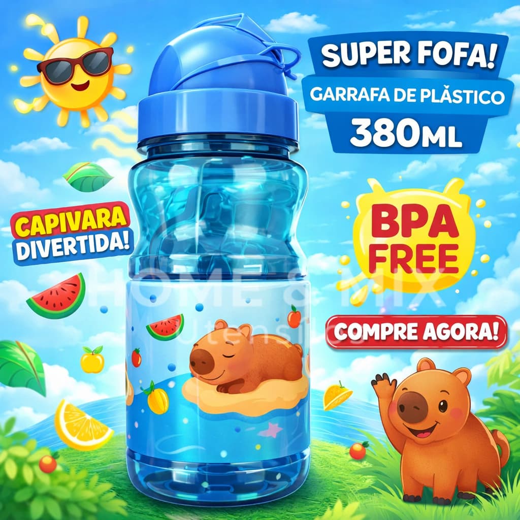 Garrafinha De Agua 380ml Capivara Squeeze Infantil Decorada Plástico com Alça Cor Azul Lançamento