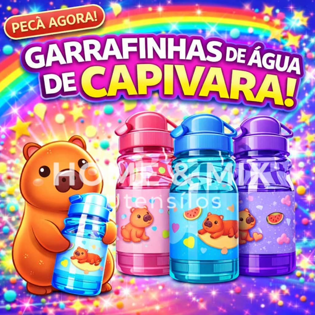 Garrafinha de Água/Squeeze Com Canudo Infantil Plástico 380ml com Alça Personagem Capivara Novidade
