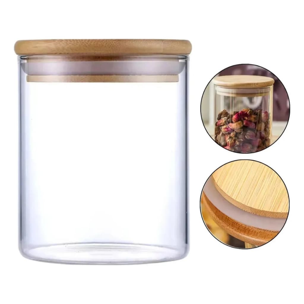 Pote Hermético 550 Ml De Vidro Redondo C/ Tampa De Bambu Madeira
