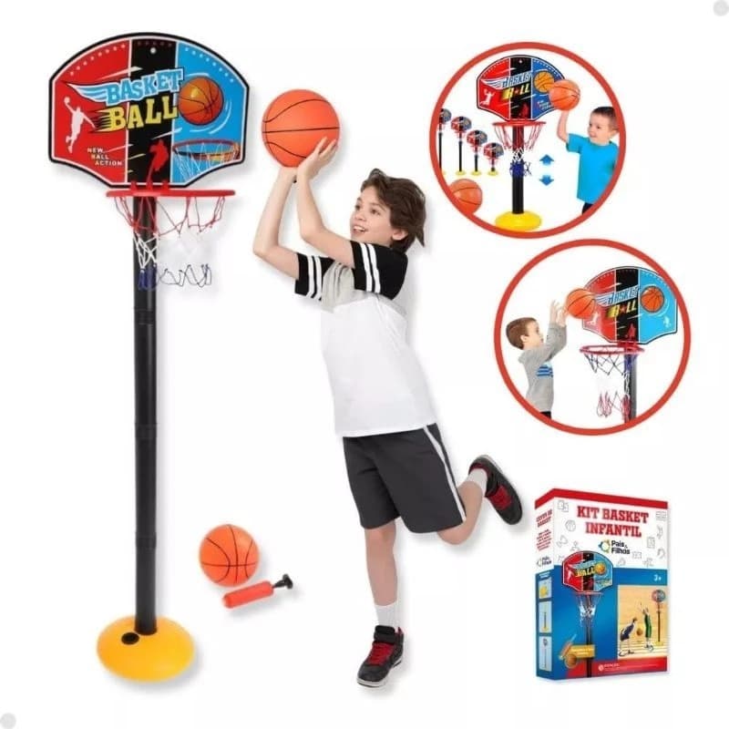 Cesta de Basquete Brinquedo Infantil Ajustável com Bola e Bomba Até 1,15m