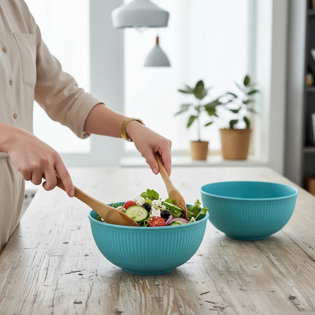 Conjunto 2 Bowls De Fibra Bambu Tigela Redonda Para Porções Azul-petróleo