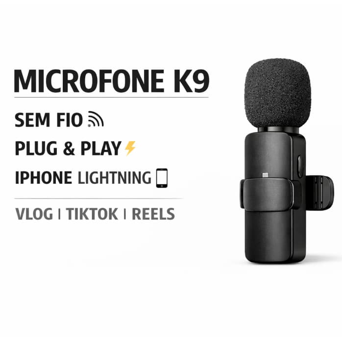 Microfone de Lapela Sem Fio K9 para iPhone Lightning | Áudio Profissional Vlog Plug & Play