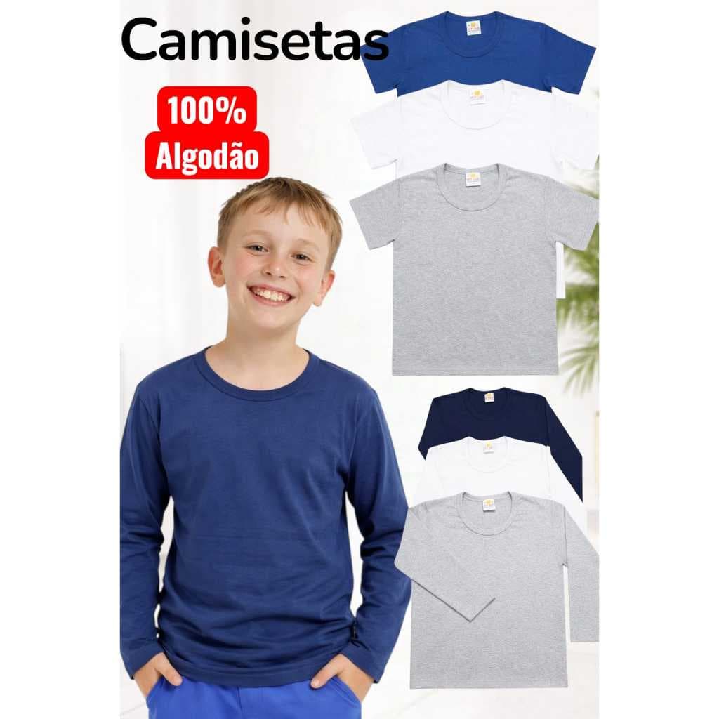 Kit 3 ou 6 Camisetas Manga Longa ou Manga Curta Infantil Juvenil Menino Básica Lisa Tamanho 2 ao 14