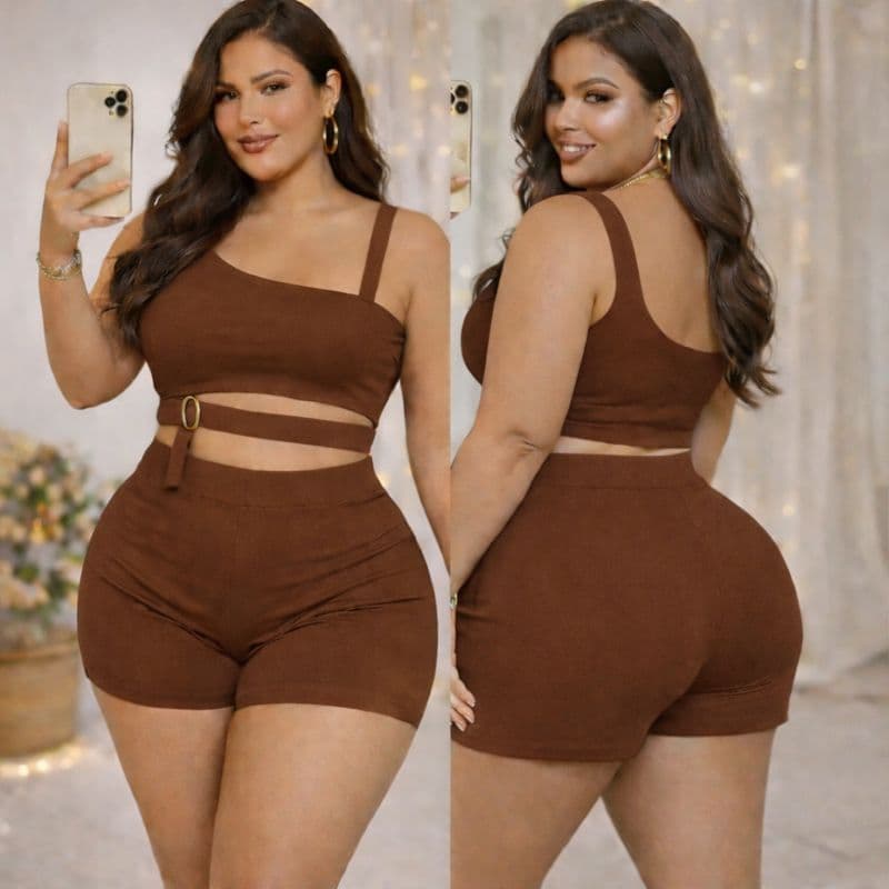 Conjunto Feminino 2 Peças Cropped + Short Cintura Alta Malha Crepe Liverpool Premium Plus Size G GG G1 G2