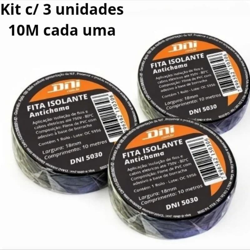 Kit com 3 Unidades de fita isolante Preta 10 Metros em cada unidade Boa aderência e flexibilidade Fita elétrica pvc