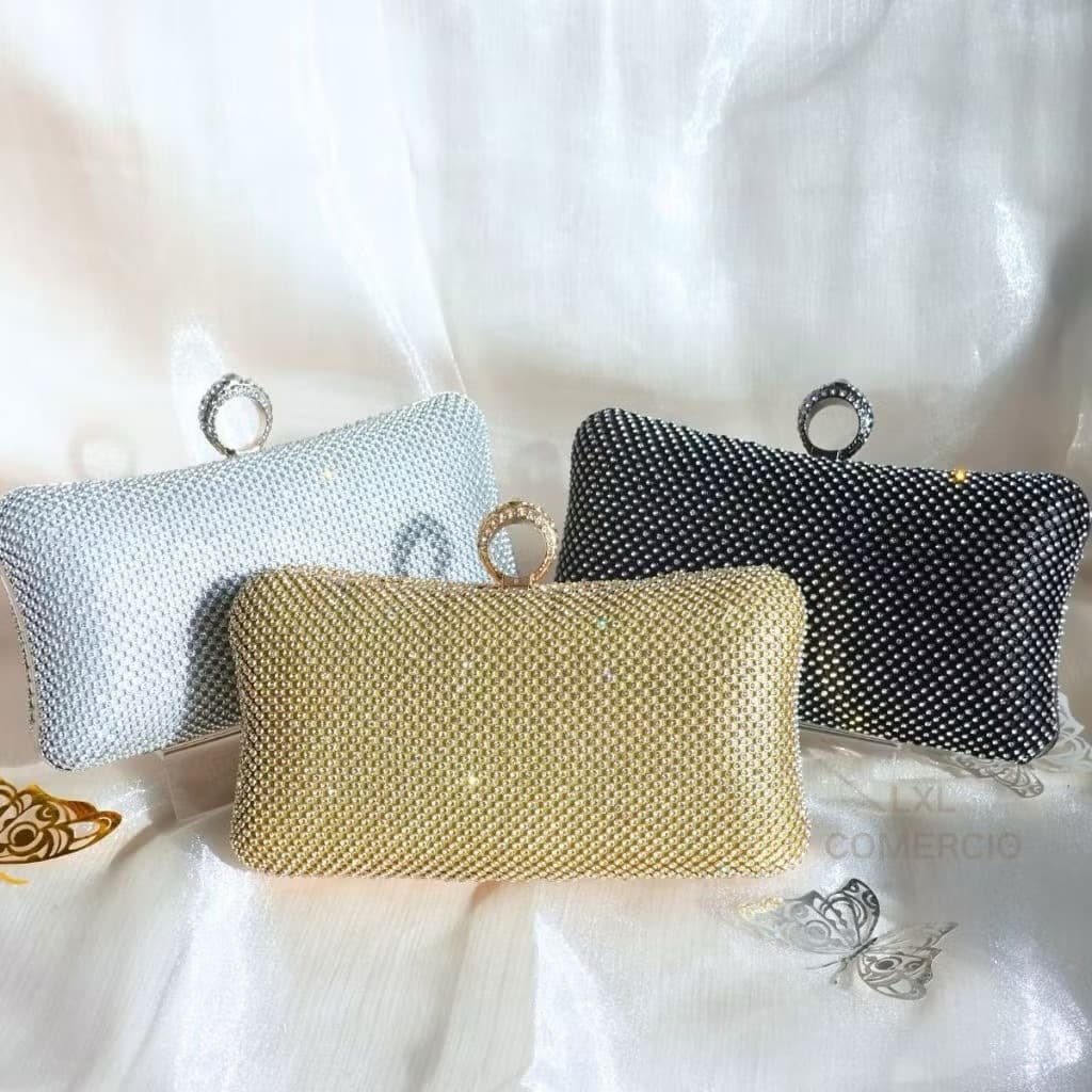 Bolsa Clutch Retangular com Fecho de Anel Cravejado de Strass – Dourado, Prateado e Preto WT-7736