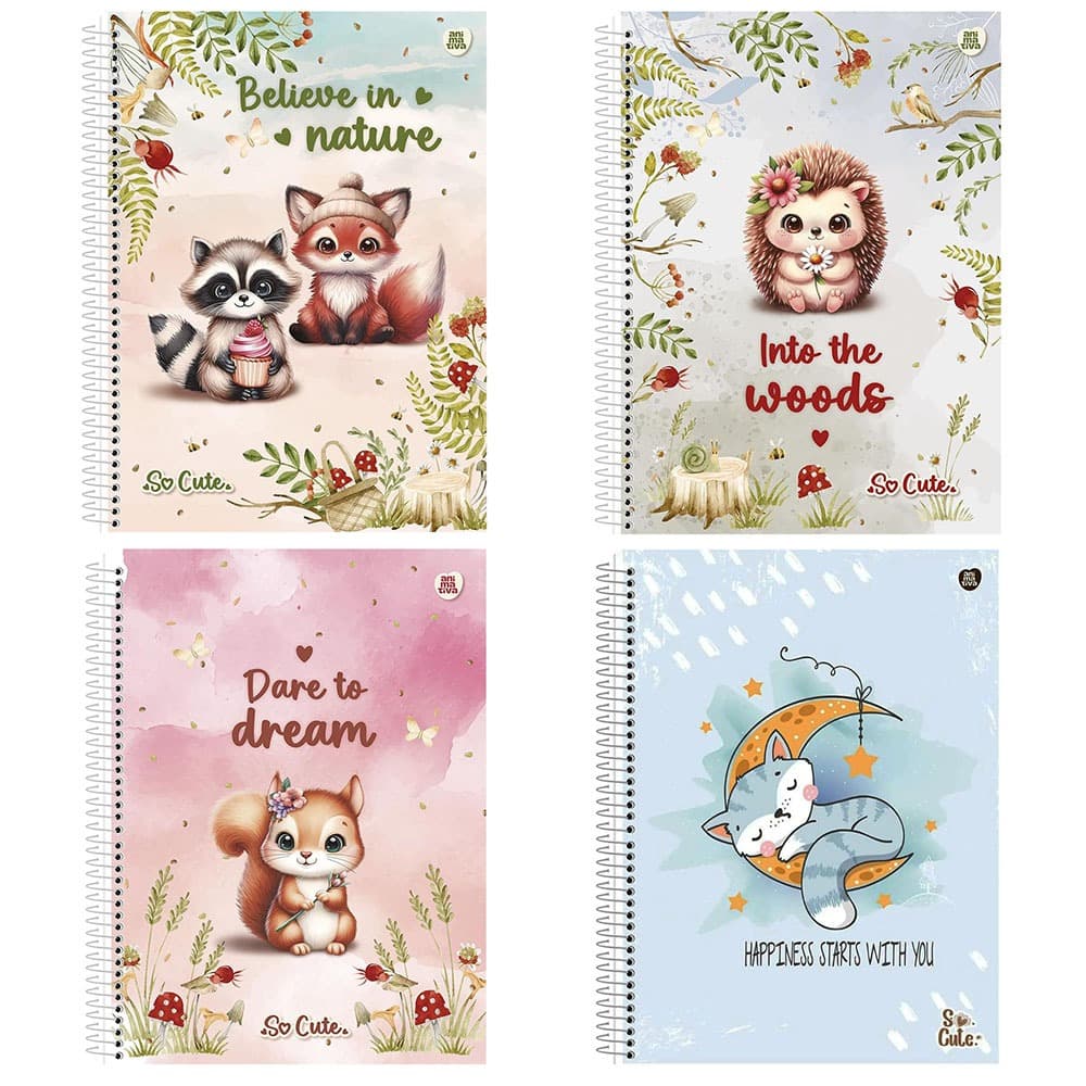 Kit 4 Cadernos So Cute Animativa Espiral Capa Dura 80 Folhas 1 Matéria 4 unidades Universitário