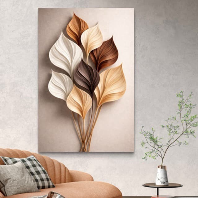 Quadro Decorativo Folhas 3D Tons Neutros e Terrosos Moderno para Sala 110x80 Grande