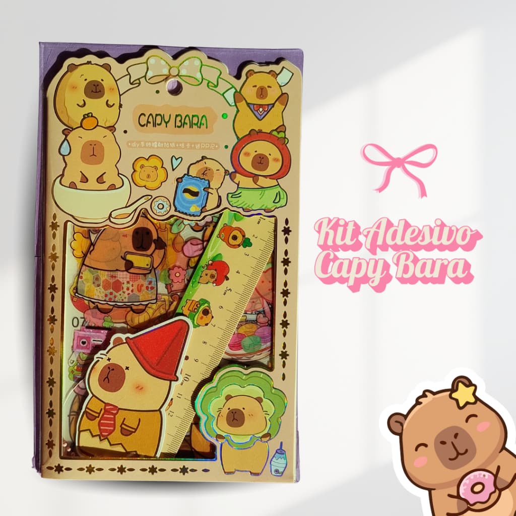 Kit ADESIVOS E DIY Chaveirinho  + mini régua | Papelaria Fofa | Kit fofo de capivara