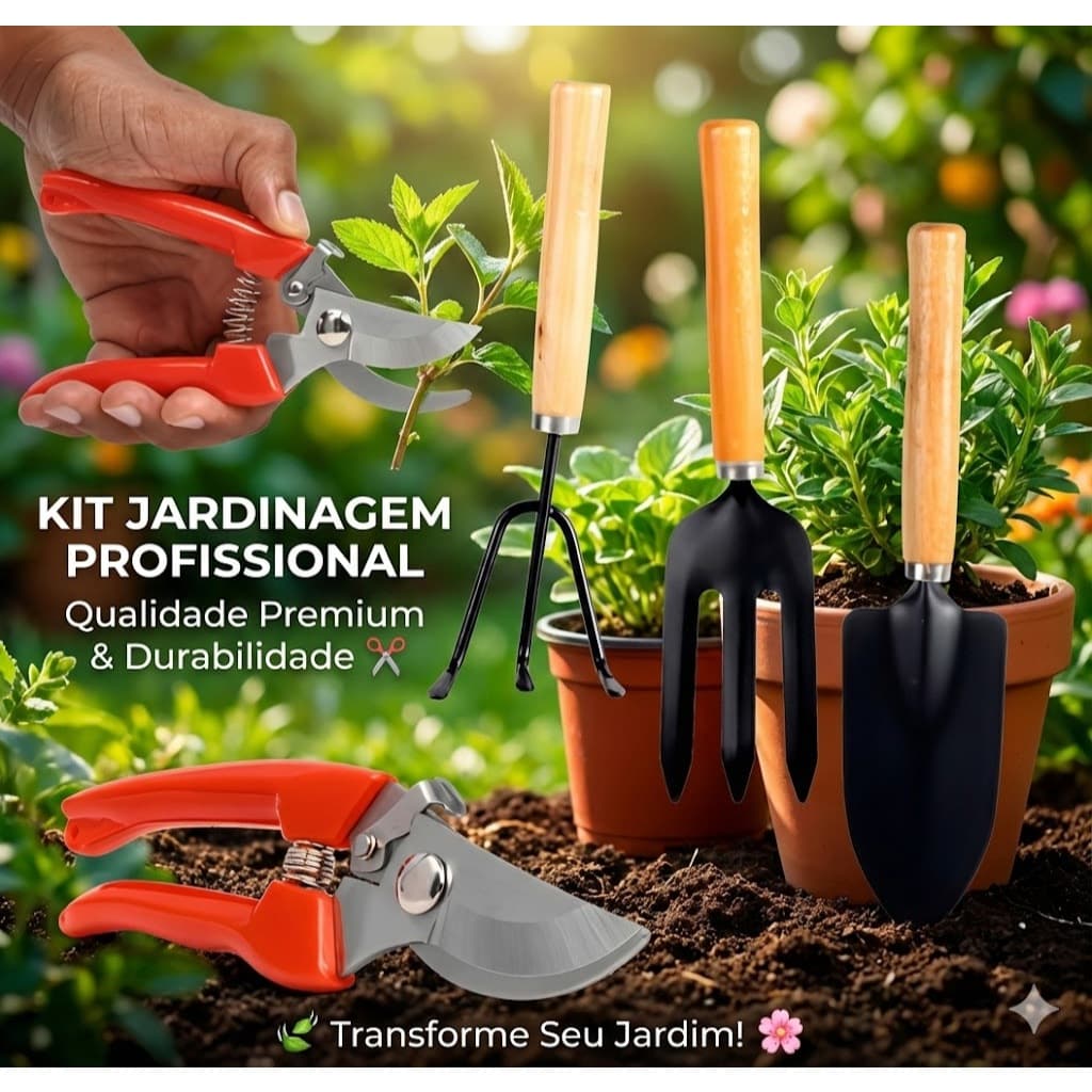 Kit Jardinagem 4 Peças Tesoura de Poda Pazinha Ancinho e Rastelo