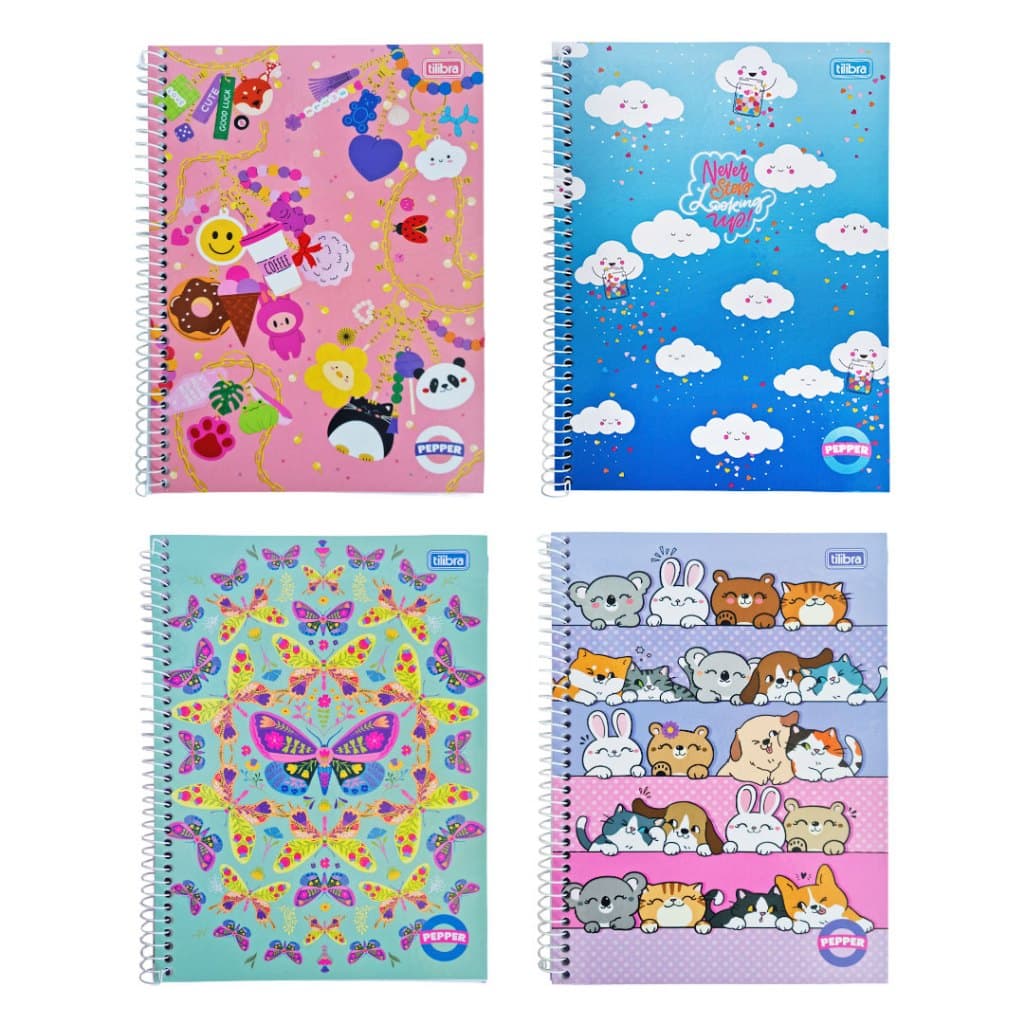 Kit 4 Caderno Espiral Feminino 1 Matéria 80 Folhas Pepper Tilibra
