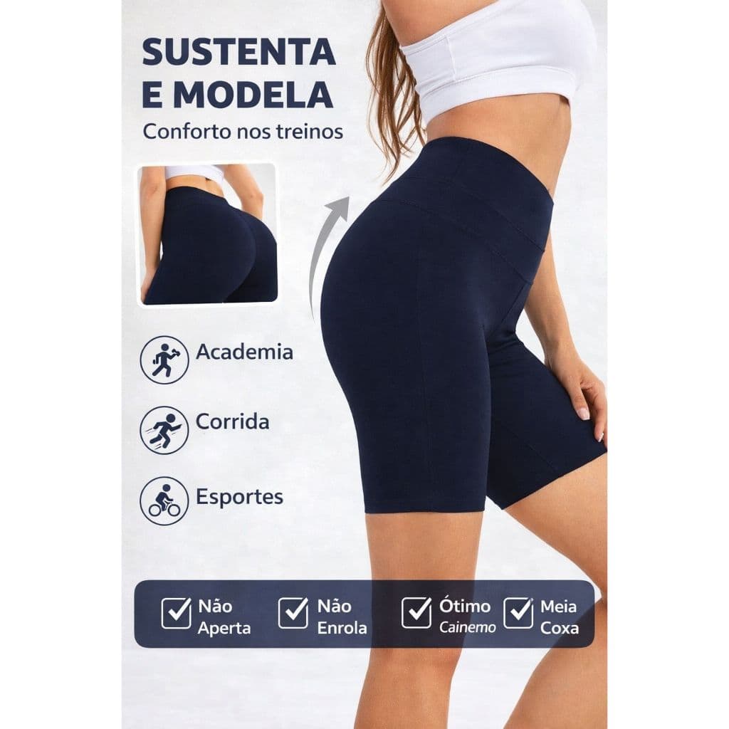 Short Fitness Feminino Meia Coxa Cintura Alta Academia e Treino