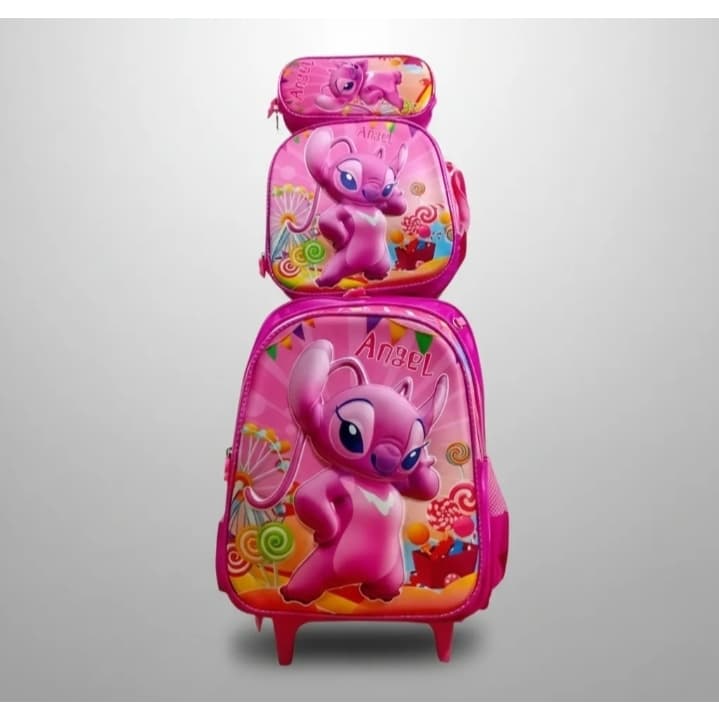 Kit Mochila Escolar Rodinha Lancheira e Estojo Infantil Lilo Stitch 3D Alto Relevo