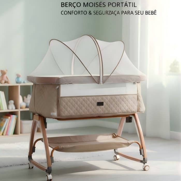 Berço Moises Portátil Bebê Com Mosquiteiro Rodas E Balanço Luxo