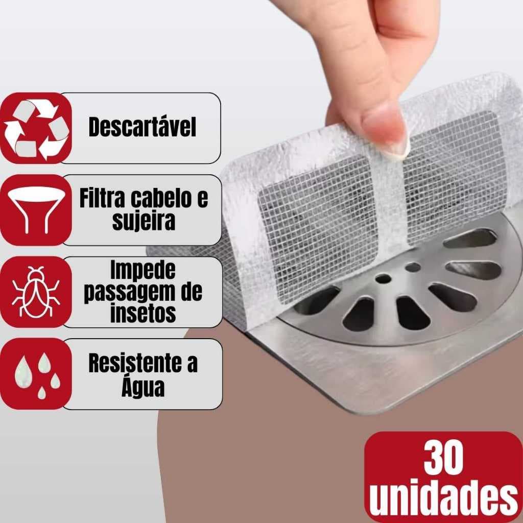 Filtro Ralo Banheiro Tela Protetor Adesivo Drenagem Descartavel Piso Kit 30un 10x10