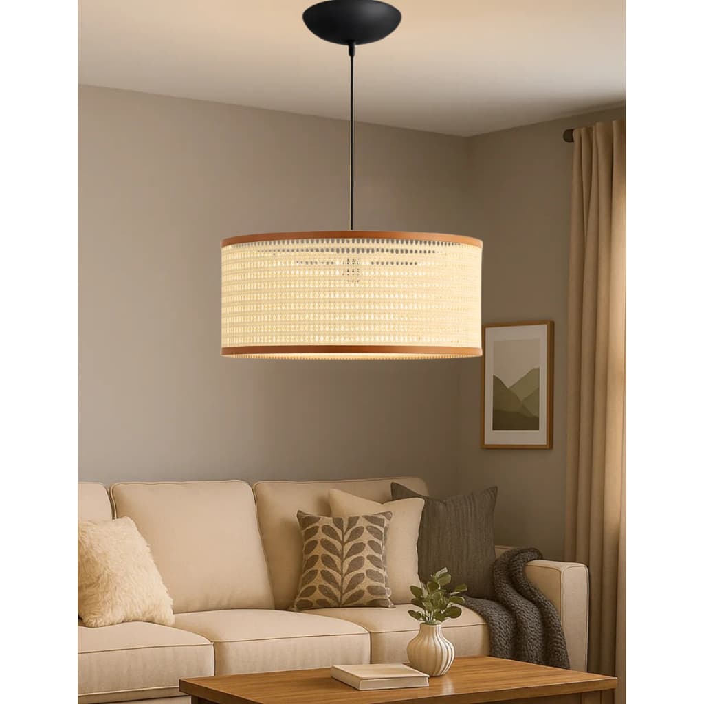 Luminária Pendente Palha Indiana Rattan E Couro Sintético Cupula Redonda 40x20 Sala Quarto Luxo