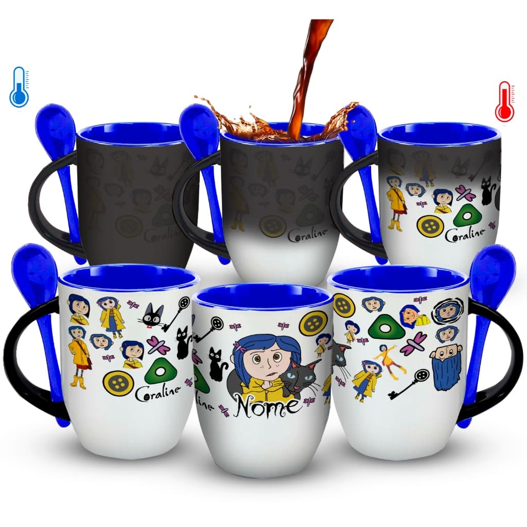 Caneca Mágica com colher Coraline com nome Personalizado